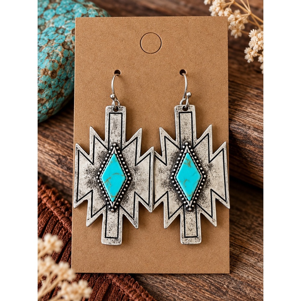 Turquoise Aztec Earrings Silver Tone Western Southwestern Geometric Dangle